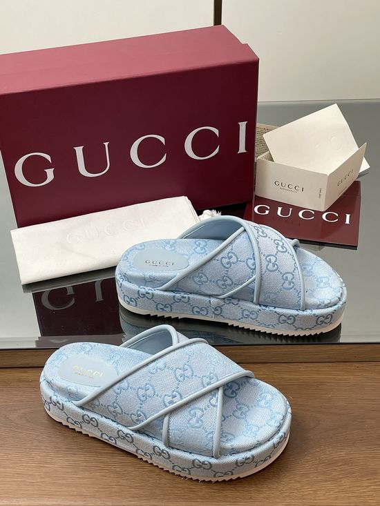 Gucci Embroidered Canvas Cross Strap Mid Heel Sandals Slides