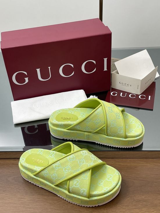 Gucci Embroidered Canvas Cross Strap Mid Heel Sandals Slides