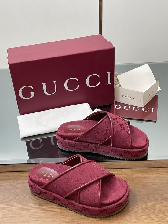 Gucci Embroidered Canvas Cross Strap Mid Heel Sandals Slides