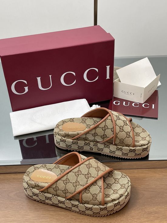 Gucci Embroidered Canvas Cross Strap Mid Heel Sandals Slides