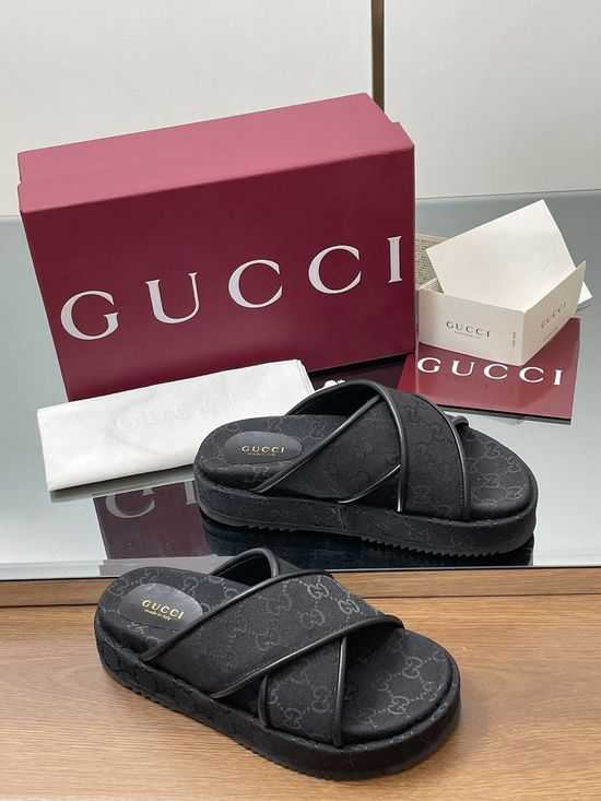 Gucci Embroidered Canvas Cross Strap Mid Heel Sandals Slides