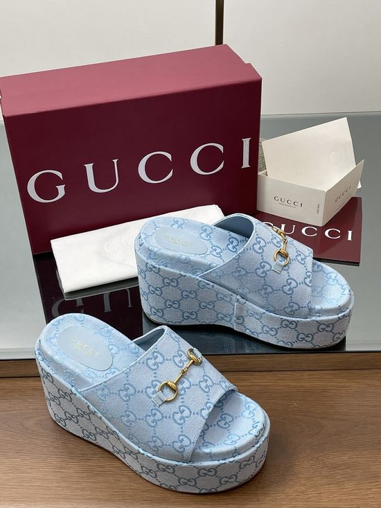 Gucci Embroidered Canvas Platform Wedge Slides With Rubber Sole