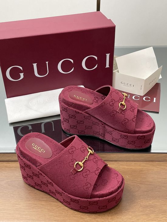 Gucci Embroidered Canvas Platform Wedge Slides With Rubber Sole