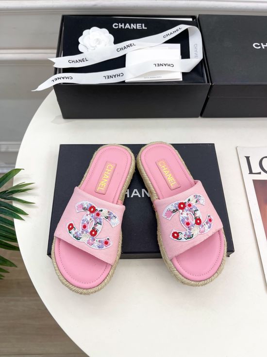 Chanel Embroidered Slip On Slides with Rubber Sole