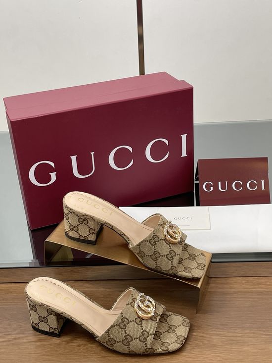 Gucci Rhinestone Buckle Chunky Heel Leather Slide Sandals