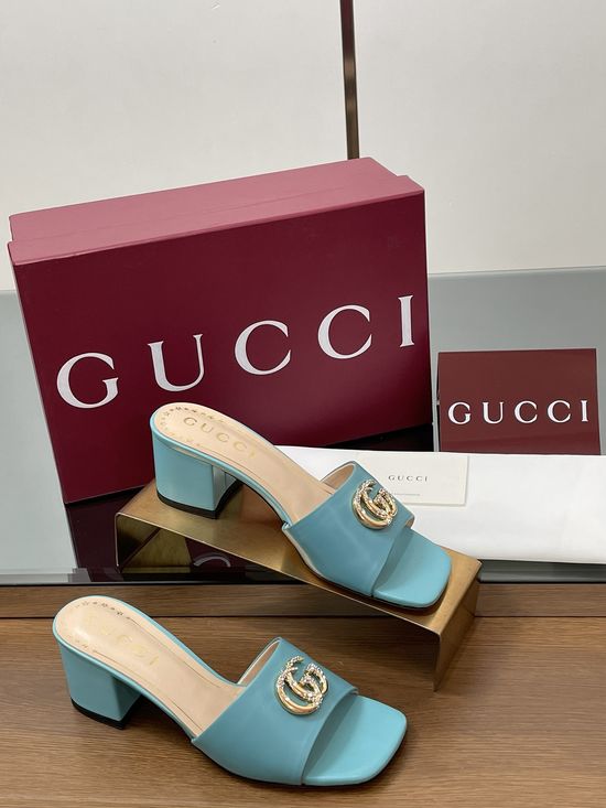 Gucci Rhinestone Buckle Chunky Heel Leather Slide Sandals