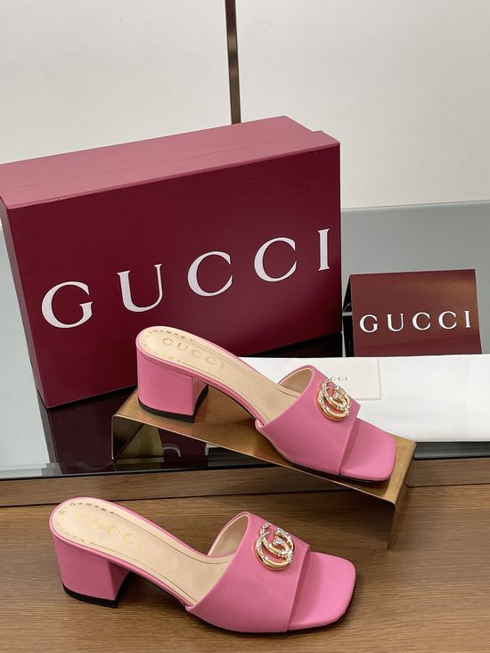 Gucci Rhinestone Buckle Chunky Heel Leather Slide Sandals