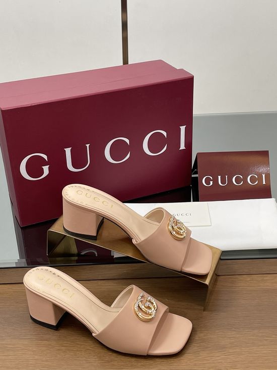 Gucci Rhinestone Buckle Chunky Heel Leather Slide Sandals