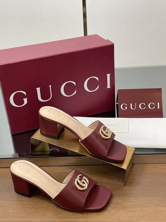Gucci Rhinestone Buckle Chunky Heel Leather Slide Sandals