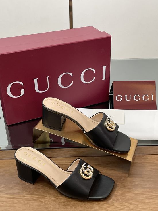 Gucci Rhinestone Buckle Chunky Heel Leather Slide Sandals