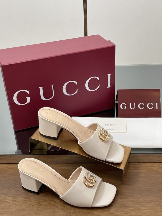 Gucci Rhinestone Buckle Chunky Heel Leather Slide Sandals