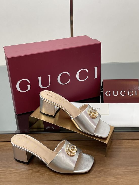 Gucci Rhinestone Buckle Chunky Heel Leather Slide Sandals