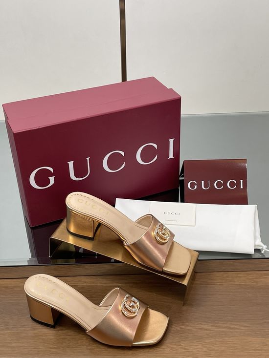 Gucci Rhinestone Buckle Chunky Heel Leather Slide Sandals