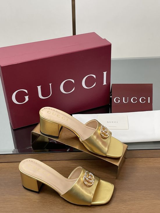 Gucci Rhinestone Buckle Chunky Heel Leather Slide Sandals