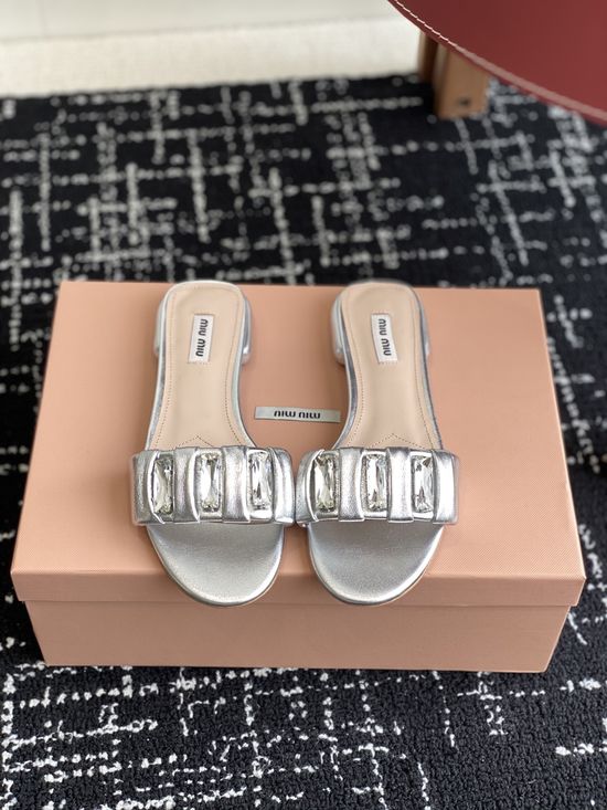 Miu Miu Rhinestone Buckle Slides Soft Sheepskin Leather Outsole