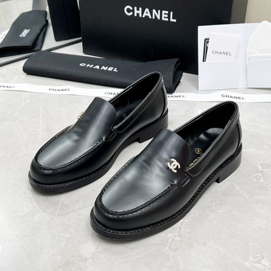 Chanel Rhinestone Buckle Slip-On Leather Loafer Shoes