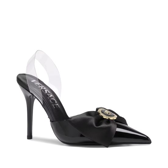 Versace Patent Leather Silk Bow Stiletto Heel Slides