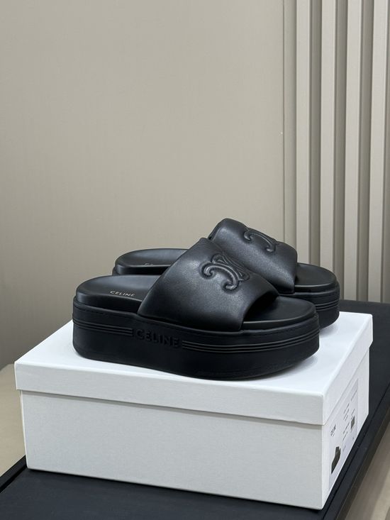 Celine Thick Sole Sheepskin Slippers Comfortable Height Boosting Footwear