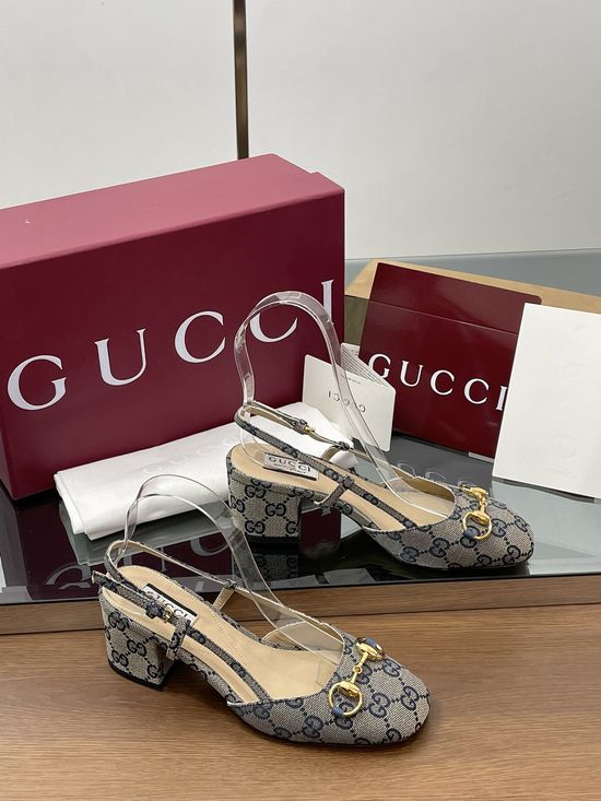 Gucci Monogram Canvas Block Heel Sandals With Buckle Decor