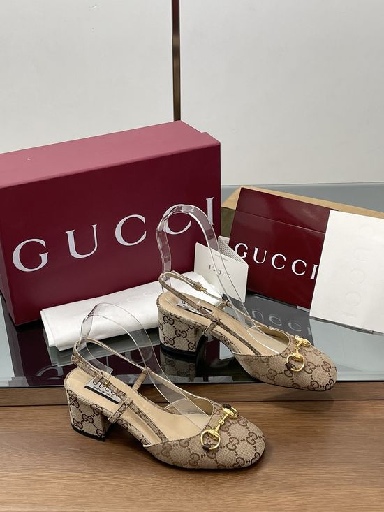 Gucci Monogram Canvas Block Heel Sandals With Buckle Decor