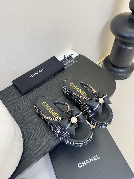 Chanel Velvet Platform Flip Flops with Leather Insole