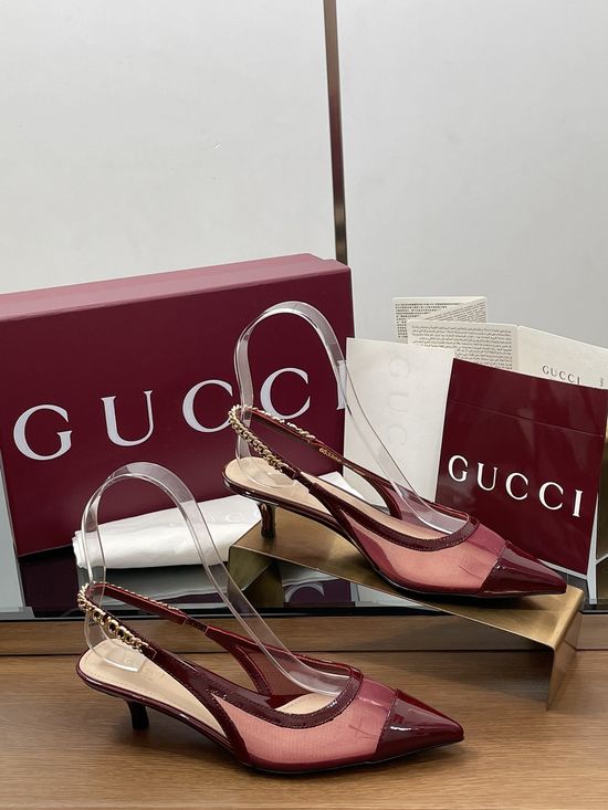 Gucci Mesh Stitching Kitten Heel Sandals With Chain Decor