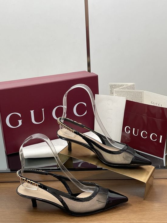 Gucci Mesh Stitching Kitten Heel Sandals With Chain Decor