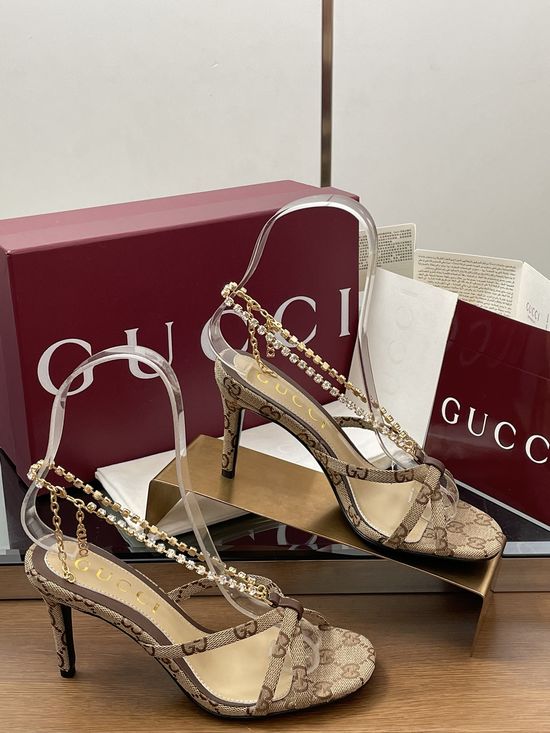 Gucci Crystal Chain Embellished Open Toe Stiletto Heel Sandals