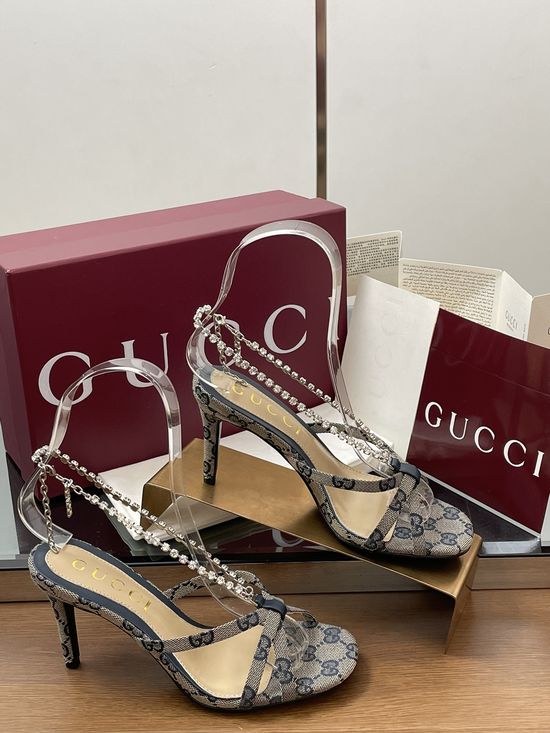 Gucci Crystal Chain Embellished Open Toe Stiletto Heel Sandals