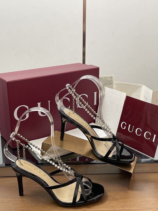 Gucci Crystal Chain Embellished Open Toe Stiletto Heel Sandals
