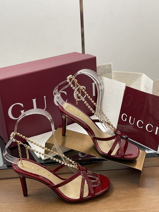 Gucci Crystal Chain Embellished Open Toe Stiletto Heel Sandals