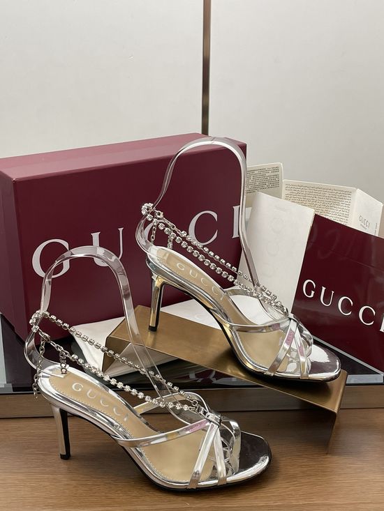 Gucci Crystal Chain Embellished Open Toe Stiletto Heel Sandals