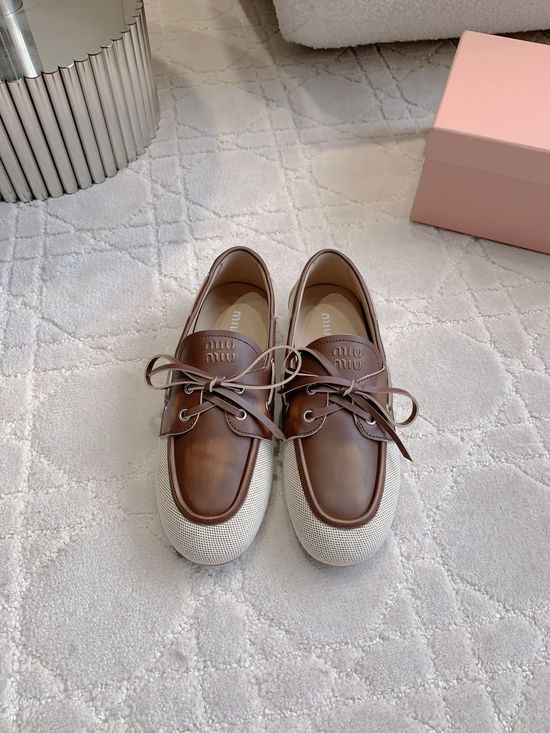 Miu Miu Lace-Up Casual Canvas Leather Boat Shoes