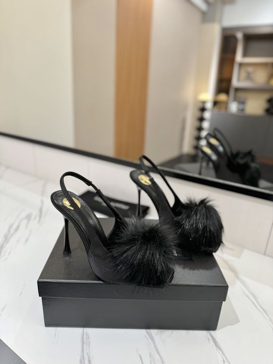 Yves Saint Laurent Mink Fur Decorated Premium Leather High Heel Sandals