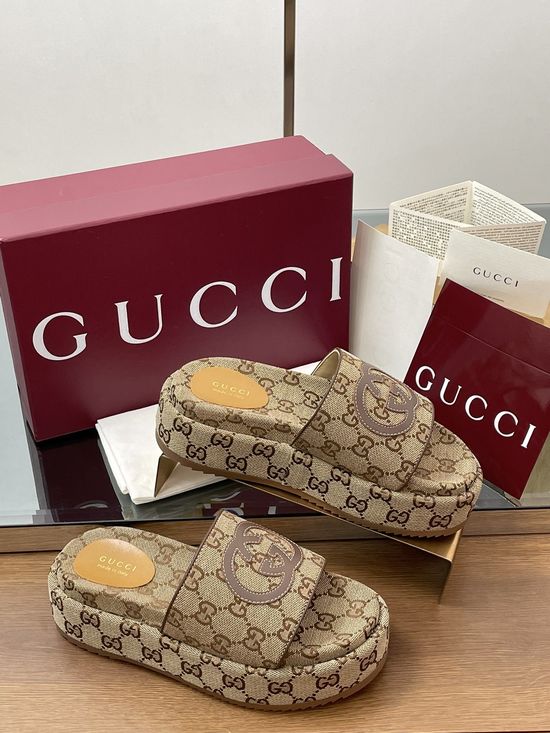 Gucci Embroidered Canvas Slip-on Sandals with Grooved Sole