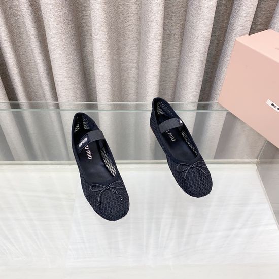 Miu Miu Elegant Bow Flat Mesh Ballet Shoes with Sheepskin Insole