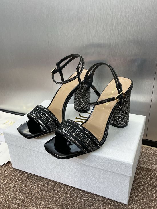 Christian Dior Embroidered Crystal Decor Chunky Heel Peep Toe Sandals