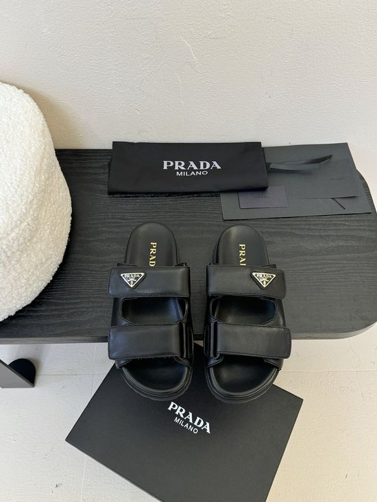 Prada Leather Hook Loop Flat Non Slip Casual Comfortable Sandals