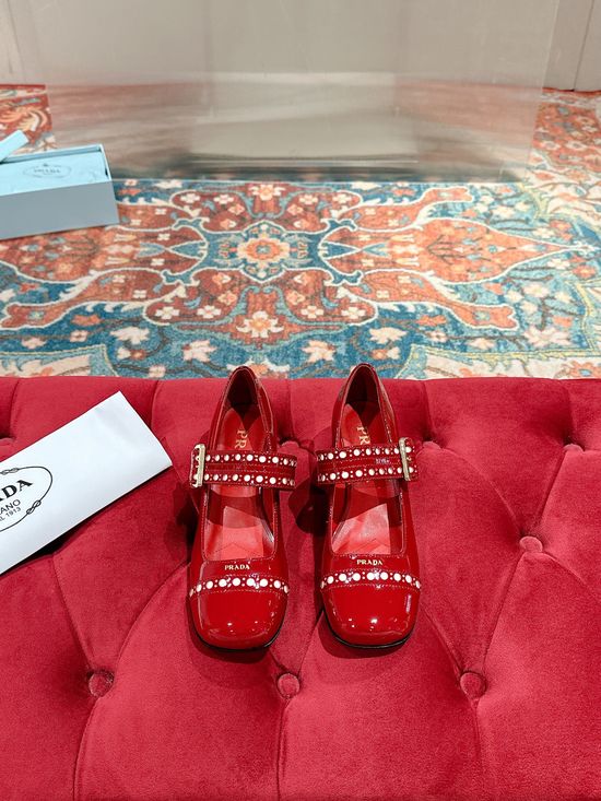 Prada Round Toe Perforated Mary Jane Block Heel Shoes