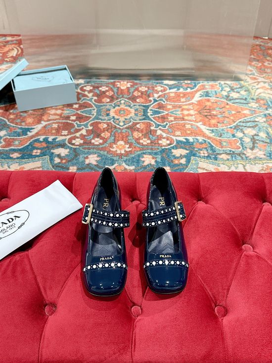 Prada Round Toe Perforated Mary Jane Block Heel Shoes