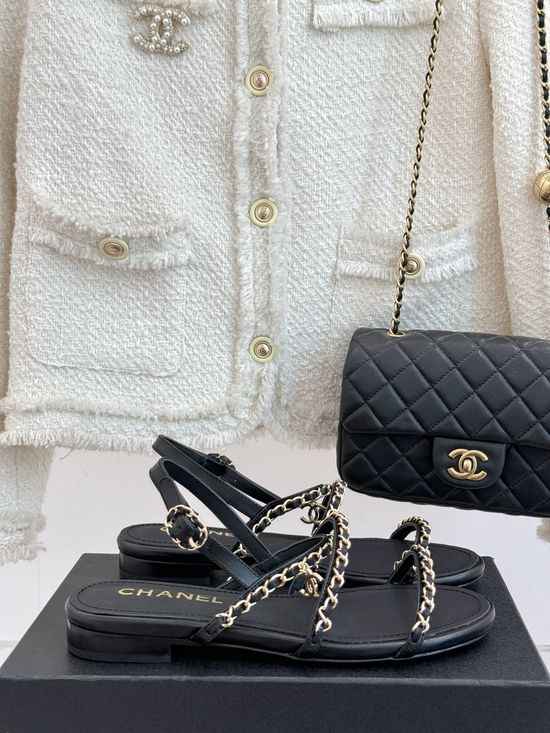 Chanel Chunky Heel Chain Sandals Premium Leather Comfortable Sole