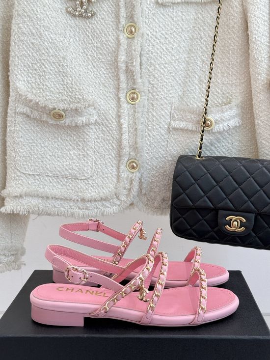 Chanel Chunky Heel Chain Sandals Premium Leather Comfortable Sole