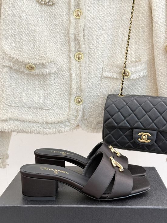 Chanel Elegant Dual Strap Block Heel Slides With Leather Sole