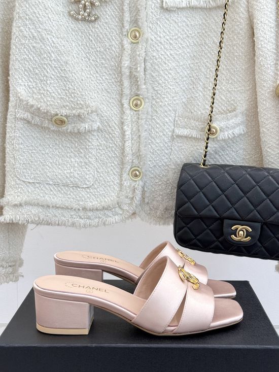 Chanel Elegant Dual Strap Block Heel Slides With Leather Sole
