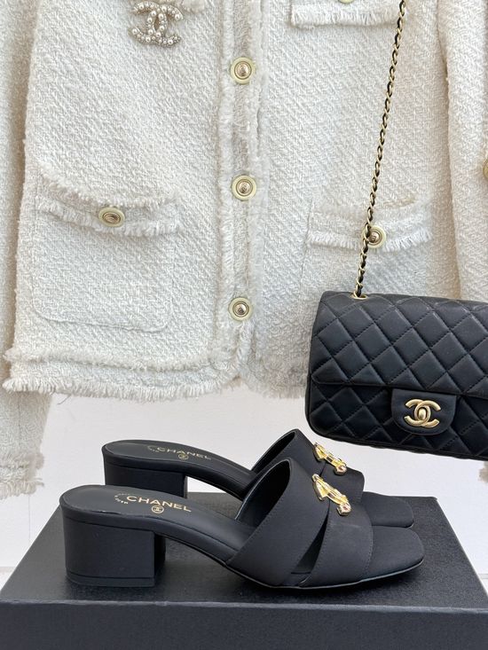 Chanel Elegant Dual Strap Block Heel Slides With Leather Sole