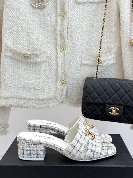 Chanel Elegant Dual Strap Block Heel Slides With Leather Sole