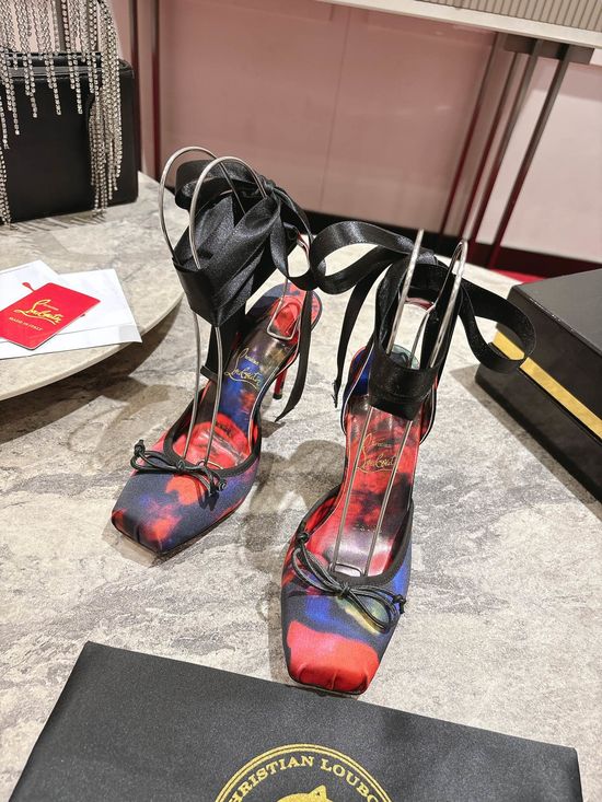 Christian Louboutine Black Satin Lace-up Square Toe High Heel Pumps