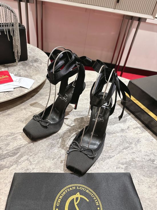 Christian Louboutine Black Satin Lace-up Square Toe High Heel Pumps