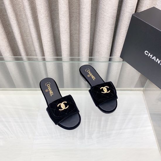 Chanel Velvet and Leather Slide Sandals with Logo Accent