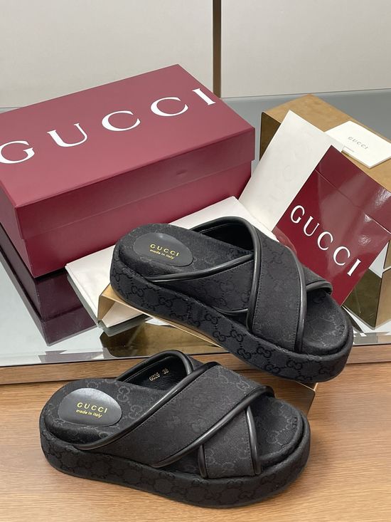 Gucci Embroidered Monogram Crisscross Strap Platform Sandals